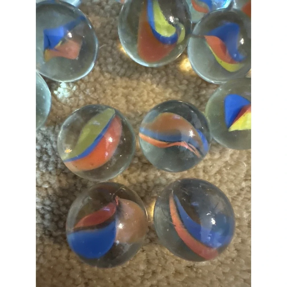 Vintage Cat Eye Marbles Clear Glass Blue Orange Yellow Swirl Lot of 17 Retro